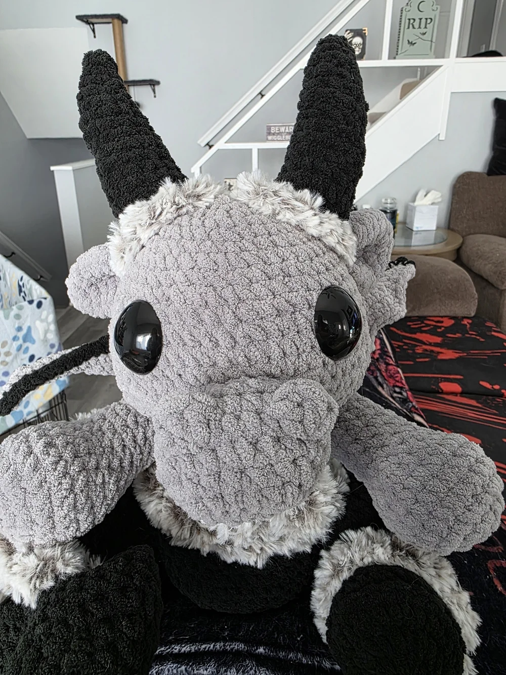 Plush Grey and Black Dragon Stuffed Animal - Soft Home Accent